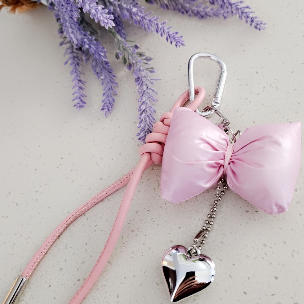 Pink Bow Keychain with Heart Charm